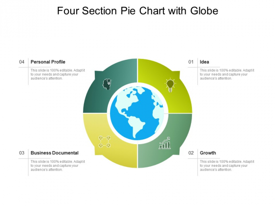 Four Section Pie Chart With Globe Ppt PowerPoint Presentation Ideas Example PDF
