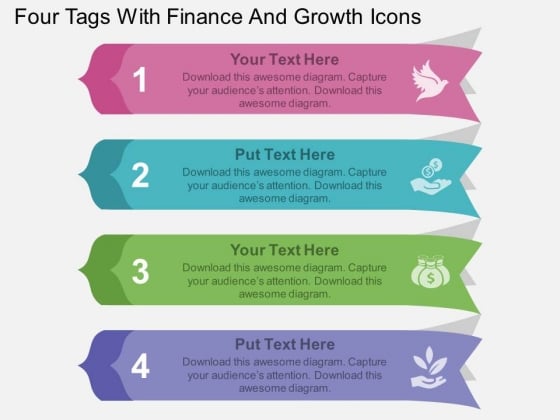 Four Tags With Finance And Growth Icons Powerpoint Template Four Tags With Finance And Growth Icons Powerpoint Template