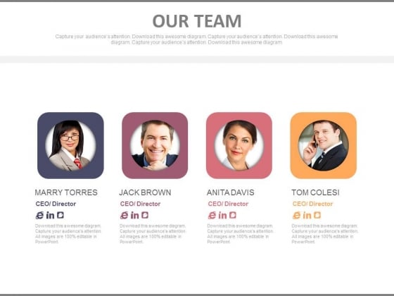 Four Team Members With Profile Details Powerpoint Slides