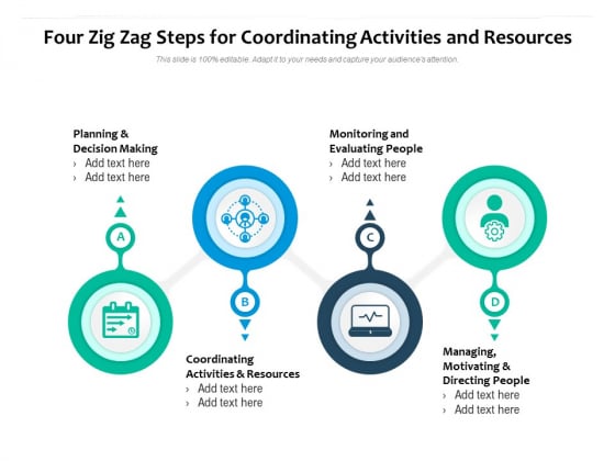Four Zig Zag Steps For Coordinating Activities And Resources Ppt PowerPoint Presentation File Design Templates PDF