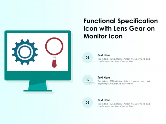 Functional Specification Icon With Lens Gear On Monitor Icon Ppt PowerPoint Presentation Infographics Structure PDF