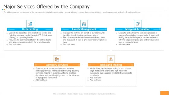 Funding Pitch Book Outline Major Services Offered By The Company Ppt Show Graphic Tips PDF Funding Pitch Book Outline Major Services Offered By The Company Ppt Show Graphic Tips PDF