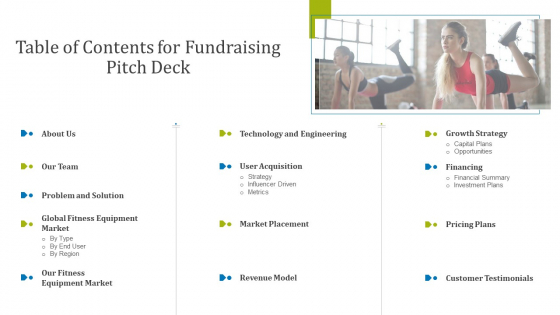Fundraising Presentation Gym Equipments Startup Table Of Contents For Fundraising Pitch Deck Topics PDF Fundraising Presentation Gym Equipments Startup Table Of Contents For Fundraising Pitch Deck Topics PDF