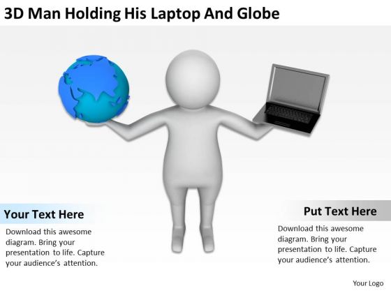 Famous Business People 3d Man Holding His Laptop And Globe PowerPoint Slides