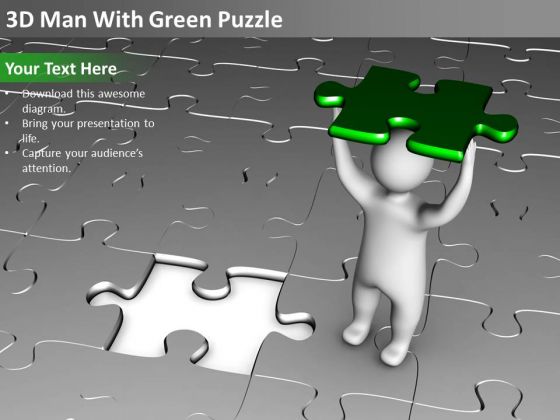 Flowchart For Business 3d Man With Green Puzzle PowerPoint Slides