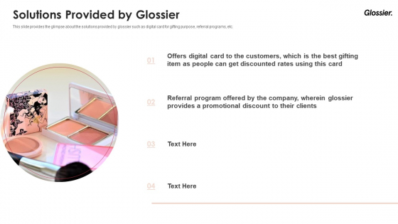 Glossier Financing Elevator Pitch Deck Solutions Provided By Glossier Template PDF Glossier Financing Elevator Pitch Deck Solutions Provided By Glossier Template PDF