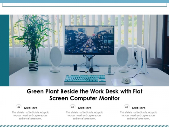 Green Plant Beside The Work Desk With Flat Screen Computer Monitor Ppt PowerPoint Presentation Slides Designs PDF