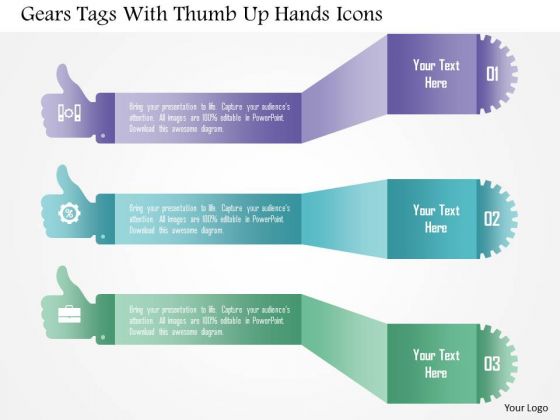 Gears Tags With Thumb Up Hands Icons PowerPoint Template