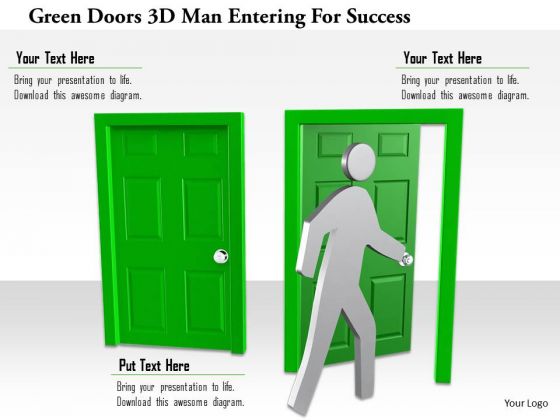 Green Doors 3d Man Entering For Success Green Doors 3d Man Entering For Success