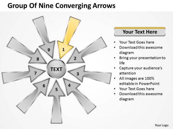 Group Of Nine Coverging Arrows Circular Flow Process PowerPoint Slides