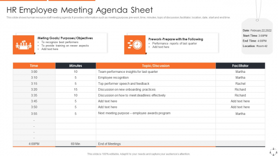 HR Employee Meeting Agenda Sheet Mockup PDF