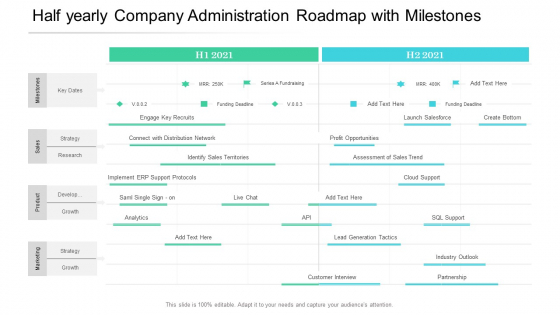 Half Yearly Company Administration Roadmap With Milestones Icons