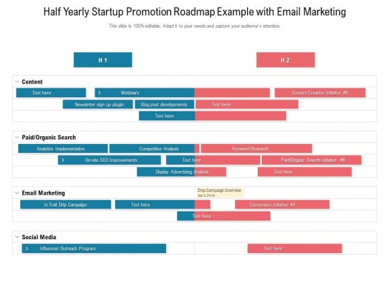 Half Yearly Startup Promotion Roadmap Example With Email Marketing Icons Half Yearly Startup Promotion Roadmap Example With Email Marketing Icons