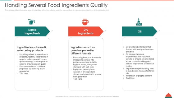 Handling Several Food Ingredients Quality Increased Superiority For Food Products Icons PDF Slide 1