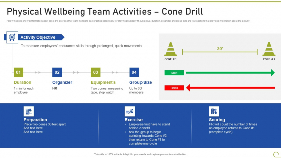 Health And Fitness Playbook Physical Wellbeing Team Activities Cone Drill Infographics PDF