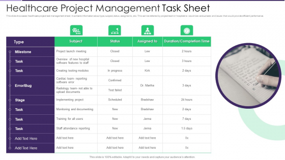 Healthcare Project Management Task Sheet Download PDF