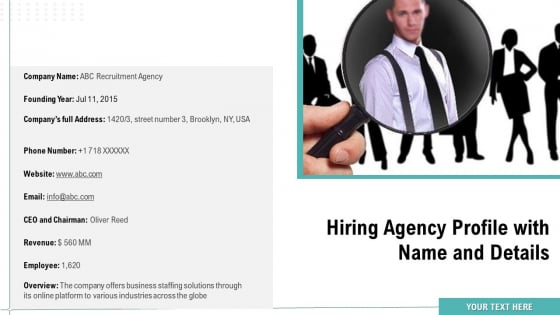 Hiring Agency Profile With Name And Details Ppt Slides Pictures PDF