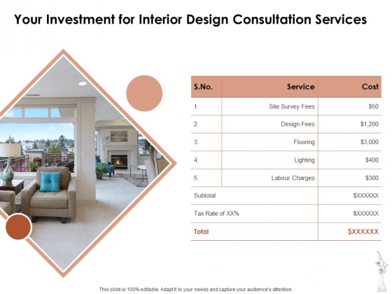 Home Decor Services Appointment Proposal Your Investment For Interior Design Consultation Services Download PDF