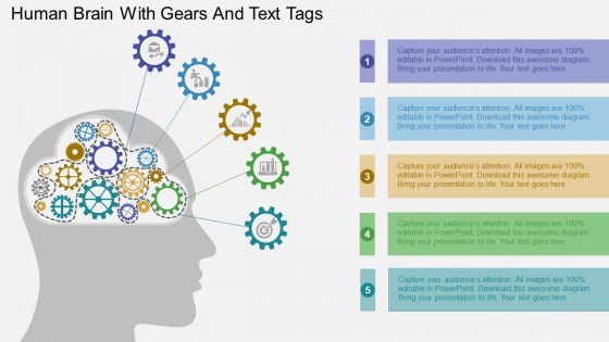 Human Brain With Gears And Text Tags Powerpoint Templates
