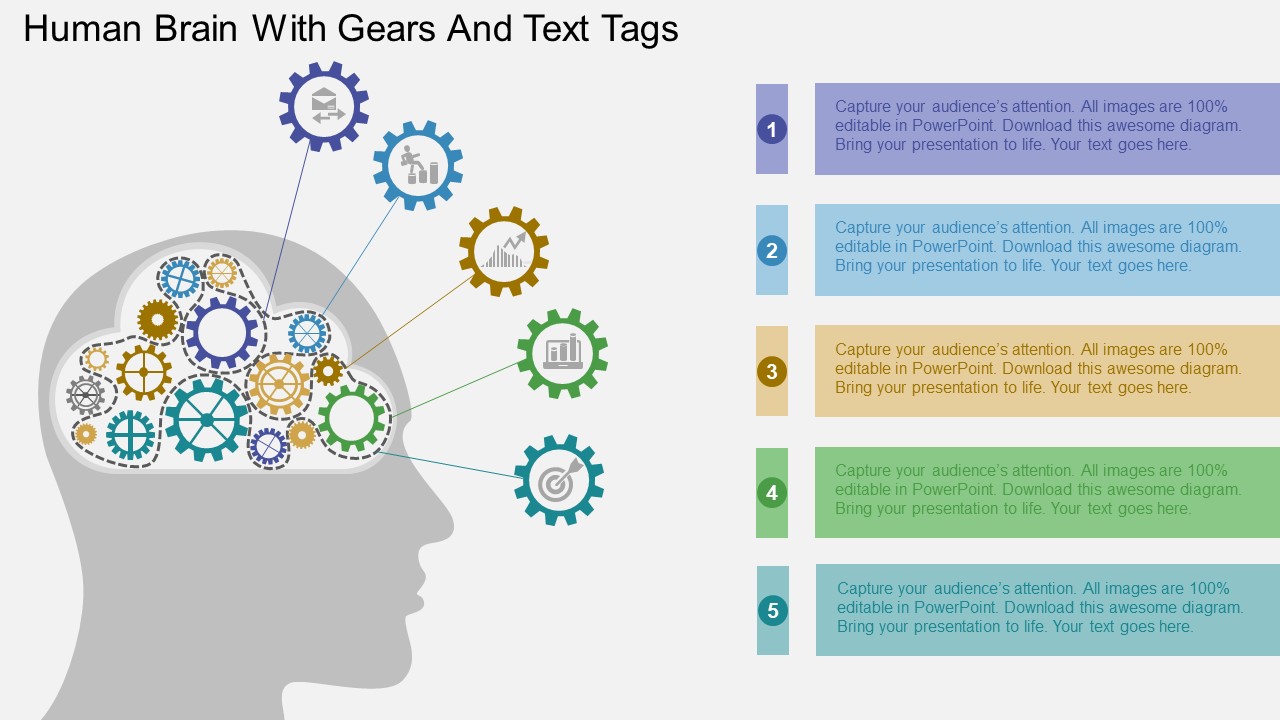 Human Brain With Gears And Text Tags Powerpoint Templates