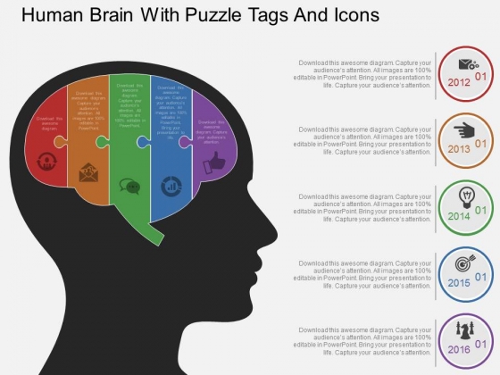 Human Brain With Puzzle Tags And Icons Powerpoint Template Human Brain With Puzzle Tags And Icons Powerpoint Template