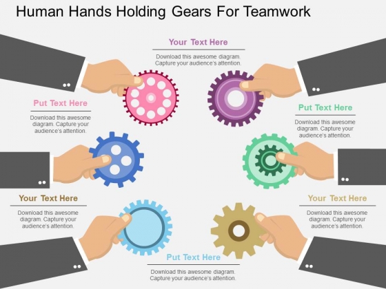 Human Hands Holding Gears For Teamwork Powerpoint Template