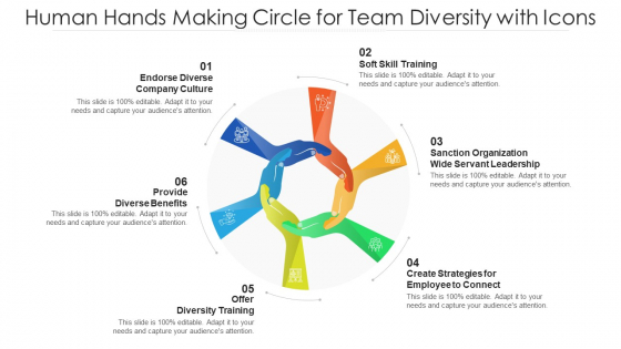 Human Hands Making Circle For Team Diversity With Icons Ppt Summary Ideas PDF