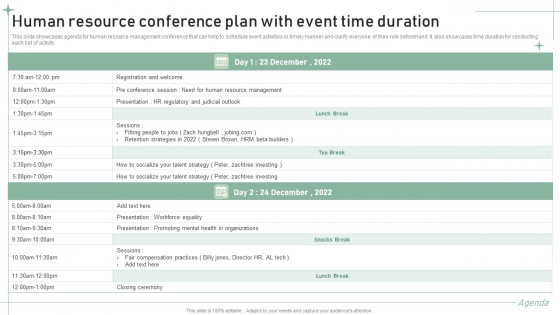 Human Resource Conference Plan With Event Time Duration Summary PDF