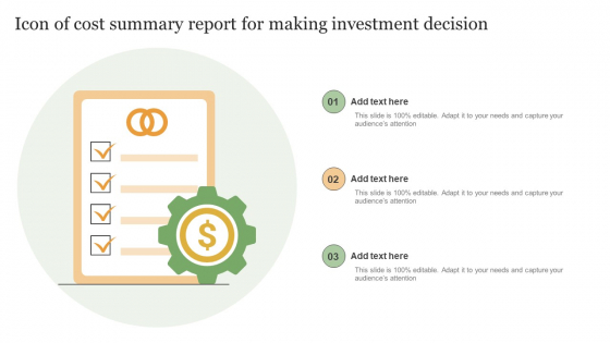 Icon Of Cost Summary Report For Making Investment Decision Summary PDF