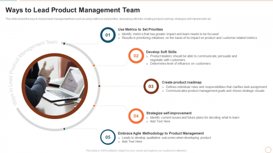 Illustrating Product Leadership Plan Incorporating Innovative Techniques Ways To Lead Product Management Team Formats PDF Illustrating Product Leadership Plan Incorporating Innovative Techniques Ways To Lead Product Management Team Formats PDF