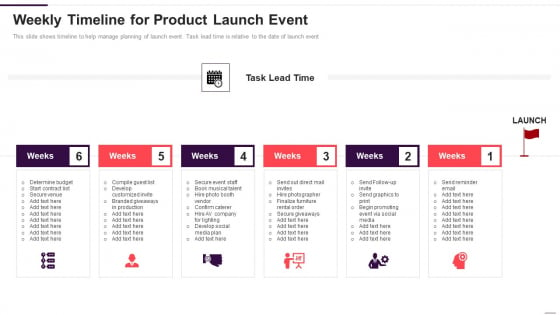 Implementation Plan For New Product Launch Weekly Timeline For Product Launch Event Template PDF