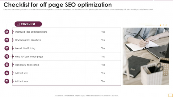 Implementing SEO Strategy To Enhance Business Performance Checklist For Off Page SEO Optimization Template PDF