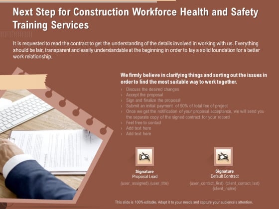 Implementing Safety Construction Next Step For Construction Workforce Health And Safety Training Services Background PDF