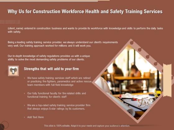 Implementing Safety Construction Why Us For Construction Workforce Health And Safety Training Services Themes PDF Implementing Safety Construction Why Us For Construction Workforce Health And Safety Training Services Themes PDF