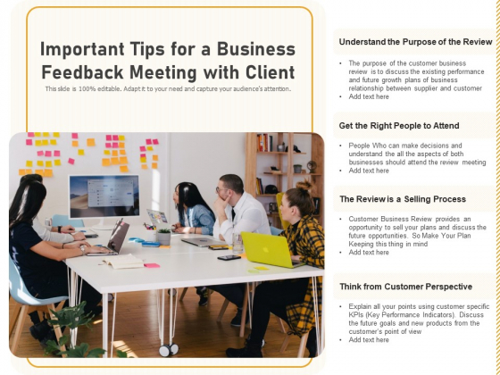 Important Tips For A Business Feedback Meeting With Client Ppt PowerPoint Presentation Gallery Deck PDF Important Tips For A Business Feedback Meeting With Client Ppt PowerPoint Presentation Gallery Deck PDF