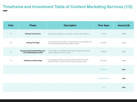 Inbound Marketing Proposal Timeframe And Investment Table Of Content Marketing Services Amount Brochure PDF Inbound Marketing Proposal Timeframe And Investment Table Of Content Marketing Services Amount Brochure PDF