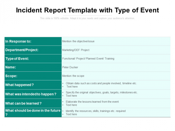 Incident Report Template With Type Of Event Ppt PowerPoint Presentation Summary Influencers PDF