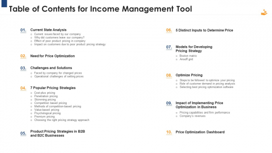 Income Management Tool Table Of Contents For Income Management Tool Formats PDF