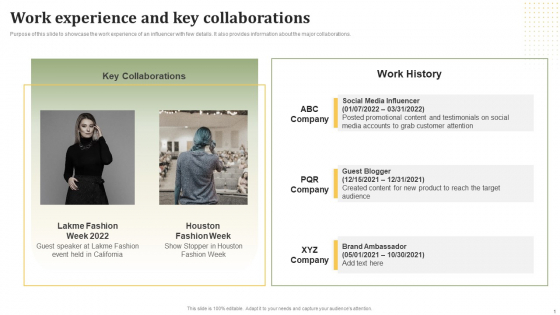 Influencer Advertising Toolkit Work Experience And Key Collaborations Template PDF
