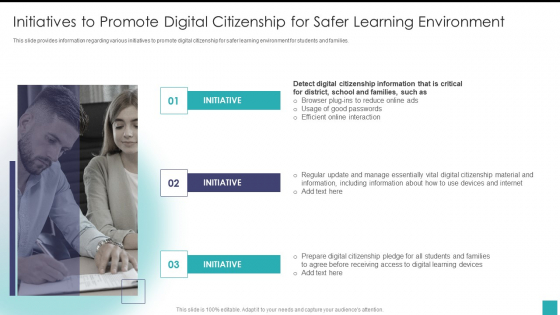 Initiatives To Promote Digital Citizenship For Safer Learning Environment Icons PDF