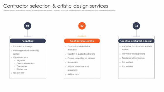 International Design And Architecture Firm Contractor Selection And Artistic Design Services Infographics PDF