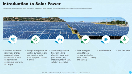 Introduction To Solar Power Clean And Renewable Energy Ppt PowerPoint Presentation Gallery Templates PDF