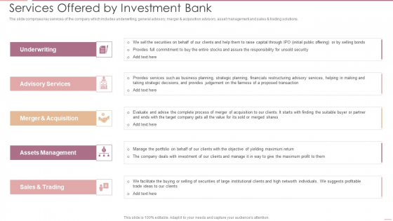 Investment Banking Security Underwriting Pitchbook Services Offered By Investment Bank Designs PDF Investment Banking Security Underwriting Pitchbook Services Offered By Investment Bank Designs PDF