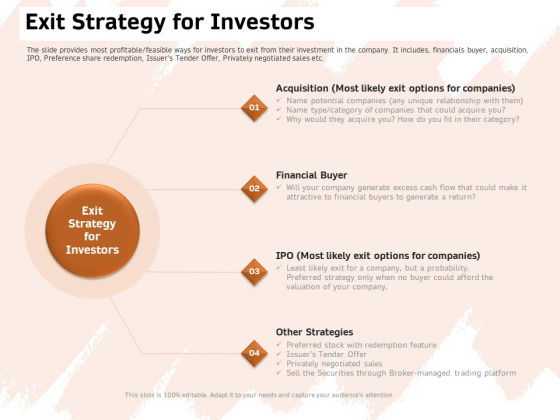Investor Deck For Capital Generation From Substitute Funding Options Exit Strategy For Investors Ppt PowerPoint Presentation PDF Investor Deck For Capital Generation From Substitute Funding Options Exit Strategy For Investors Ppt PowerPoint Presentation PDF