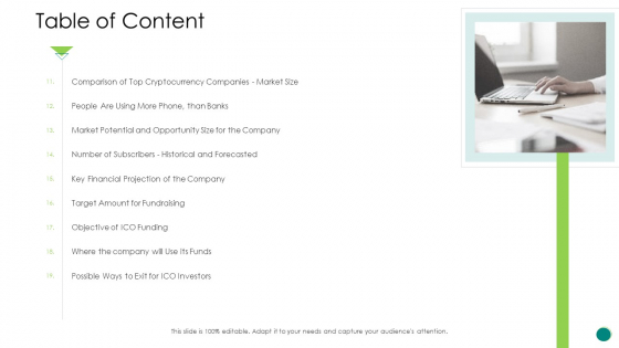Investor Pitch Gain Funding From ICO Table Of Content Portrait PDF Investor Pitch Gain Funding From ICO Table Of Content Portrait PDF