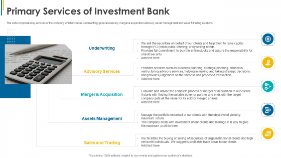 Investors Pitch General Deal Mergers Acquisitions Primary Services Of Investment Bank Topics PDF