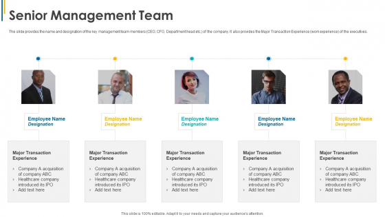 Investors Pitch General Deal Mergers Acquisitions Senior Management Team Ppt Infographics Example Topics PDF Investors Pitch General Deal Mergers Acquisitions Senior Management Team Ppt Infographics Example Topics PDF