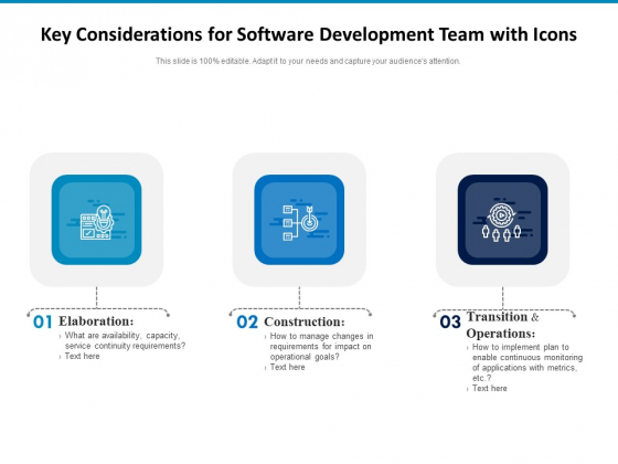 Key Considerations For Software Development Team With Icons Ppt PowerPoint Presentation Gallery Slides PDF