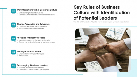 Key Rules Of Business Culture With Identification Of Potential Leaders Ppt PowerPoint Presentation Gallery Sample PDF