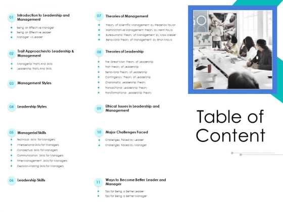 Leader Vs Administrators Table Of Content Ppt Ideas Structure PDF Leader Vs Administrators Table Of Content Ppt Ideas Structure PDF